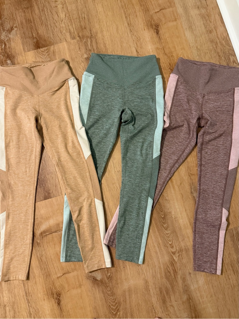 PINK Victoria’s Secret Cozy Leggings with Pockets ~ 3 Pair (Pink, Tan & Green) - Picture 2 of 5
